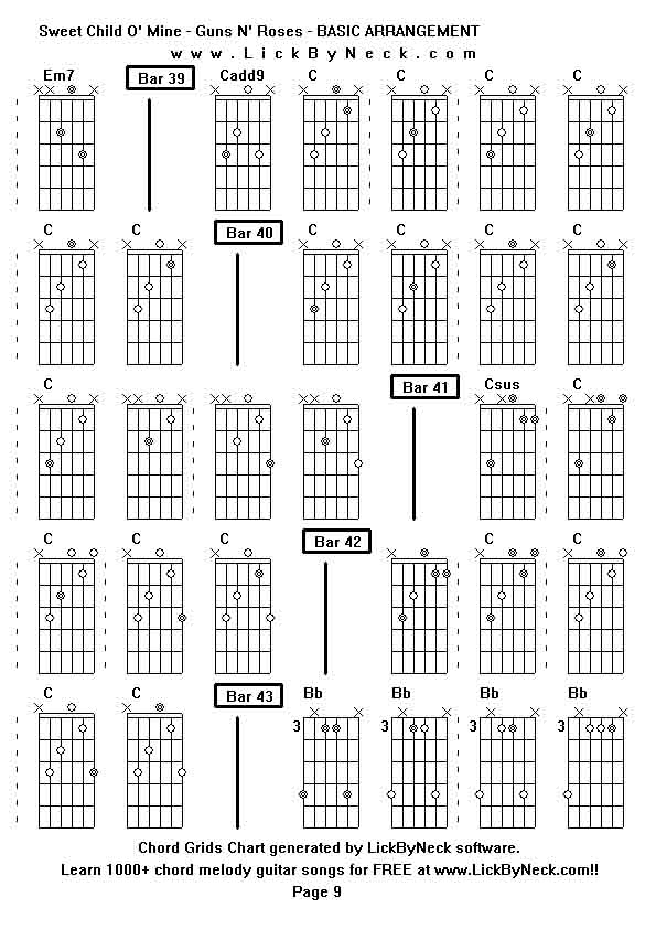 Chord Grids Chart of chord melody fingerstyle guitar song-Sweet Child O' Mine - Guns N' Roses - BASIC ARRANGEMENT,generated by LickByNeck software.